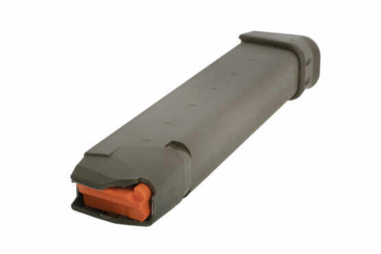 GLOCK factory original G17 Gen5 pistol magazine holds 33 rounds of 9mm has an olive drab green finish and hi vis follower